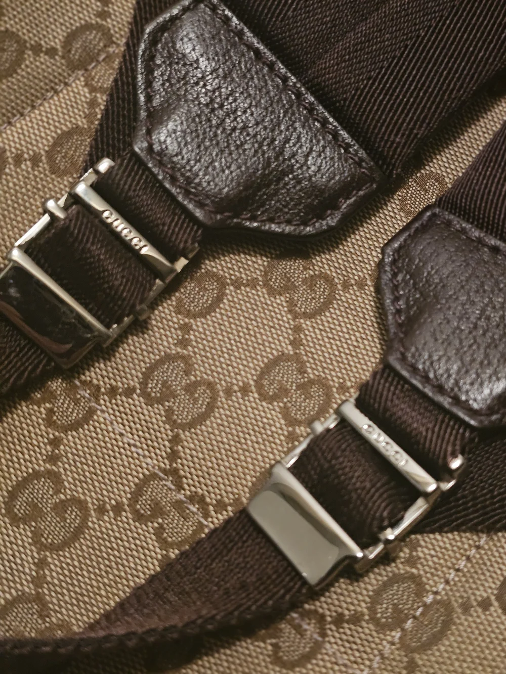Gucci Beige GG Canvas Backpack with Green and Red Stripe